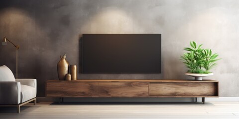 Interior of living room with wooden sideboard over granite wall. Modern room with TV screen. Home design