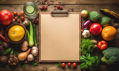 blank rustic wood menu clipboard, surrounded by cooking ingredients and fruit and vegetables, top view, focus on center . Generative AI - obrazy, fototapety, plakaty