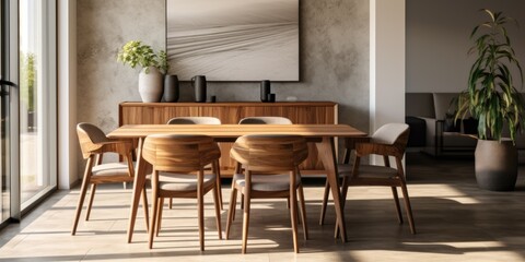 Interior of modern dining room, dining table and wooden chairs. Home design