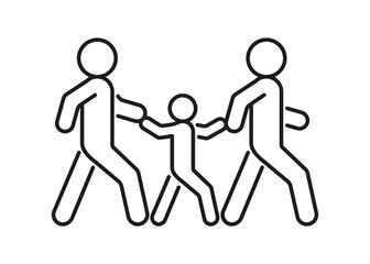 Pedestrian adult person and children walk, escort hold hand, line icon. Safely cross road and walk symbol. Vector outline