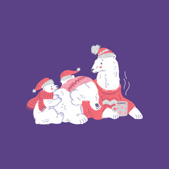 Cute polar bears in sweaters and hats flat style, vector illustration
