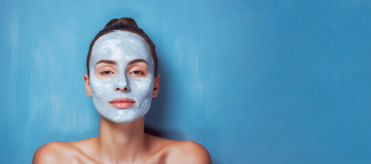 Relaxing fictional woman with purifying, deep cleansing clay face mask applied to her face on a light blue background with copy space. Concept of skincare, youthful skin, rejuvenation and serenity.