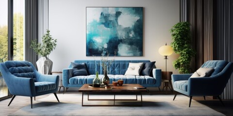  Interior of modern living room with blue armchair and coffee tables