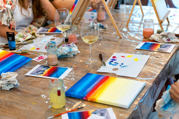 Art and Wine Workshop. Art class with white wine.