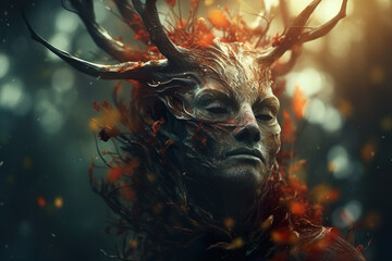 In the heart of an autumn forest, an eerie and magical creature with deer horns watches her realm. The mysticism of the woodland adds an otherworldly touch to this enchanting scene. - obrazy, fototapety, plakaty