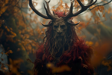 Fantasy and mystery within a moody woodland. A mythical creature with deer horns lurks among the autumn foliage, embodying an enigmatic and supernatural presence. - obrazy, fototapety, plakaty