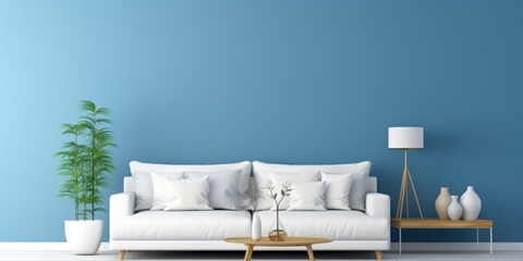 Fototapeta na wymiar Interior of modern living room with white fabric sofa over blue wall.