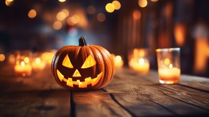 Jack-O Lantern on wooden counter at Halloween celebration party.