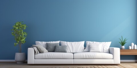  Interior of modern living room with white fabric sofa over blue wall