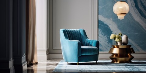 Interior with blue armchair, marble coffee table and floor lamp.