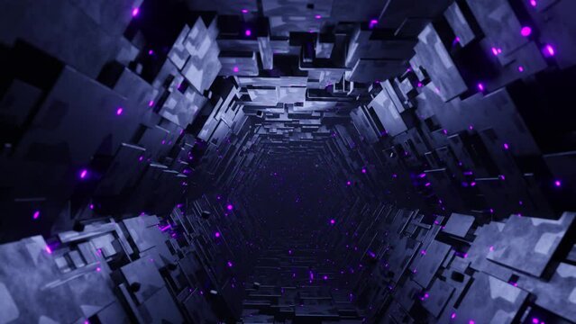 Seamless loop motion graphic of flying into hexagonal tech tunnel