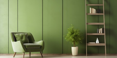 Interior with green armchair and ladder shelf in modern living room with wooden panelling and mockup wall