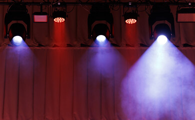 scene, stage light with colored spotlights and smoke