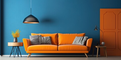  Interior with orange sofa in modern living room with blue mockup wall, home design