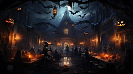 Halloween celebration background with jack o lantern, light, haunted house and other decorations.	
