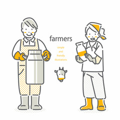 酪農家の女性と男性　2色　シンプルでお洒落な線画イラスト