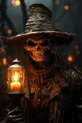 A terrible scarecrow in the garden, a scarecrow with a skull on a Halloween holiday. Made in AI