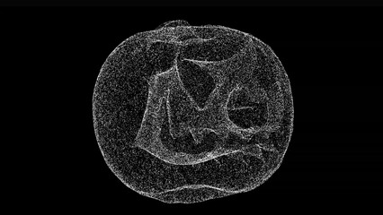 3D Halloween scary pumpkin on black bg. Halloween Jack O Lantern pumpkin. Halloween concept. For title, text, presentation. Shimmering particles. 3D animation.