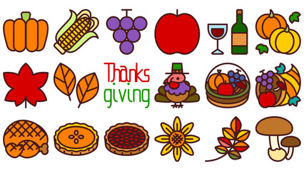 サンクスギビングデーのアイコンセット。シンプルなベクターイラスト。 Thanksgiving day icon set. Simple vector illustrations.