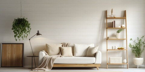 Interior with white sofa and ladder shelf in modern living room with wooden panelling