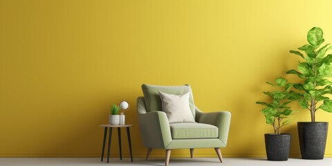 Interior with yellow armchair in modern living room with green wall and mockup poster on it, home design