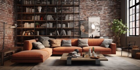  Luxury loft interior design of modern living room with terra cotta sofa.