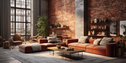  Luxury loft interior design of modern living room with terra cotta sofa.