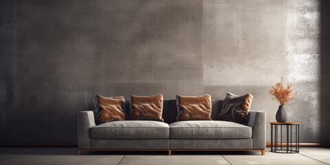 Luxury sofa against grunge concrete wall. Interior design of modern living room
