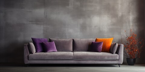 Luxury sofa against grunge concrete wall. Interior design of modern living room