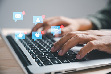 Modern business practices come to life businessman dedicates herself to laptop, delving into realm social media. Connectivity is at core of portrayal. social media interactions with notification icons