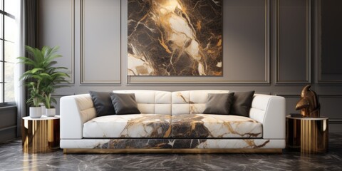 Luxury sofa made from marble-patterned fabric with golden inclusions Interior design of modern living room