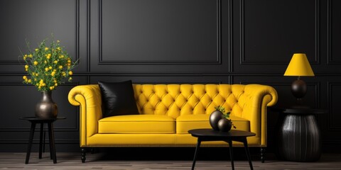 Luxury yellow tufted sofa against of black paneling wall. Interior design of modern living room