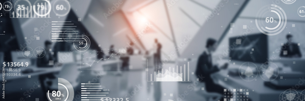 Poster modern office and statistics data concept. management strategy. wide angle visual for banners or adv
