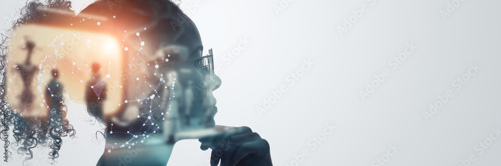 Poster double exposure of young black woman and communication network concept. ai (artificial intelligence)