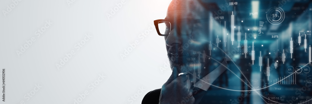 Poster double exposure of executive people and business technology concept. management strategy. wide angle