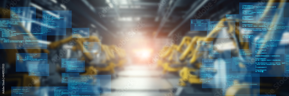 Aufkleber futuristic factory and digital technology concept. robotic automation. wide angle visual for banners
