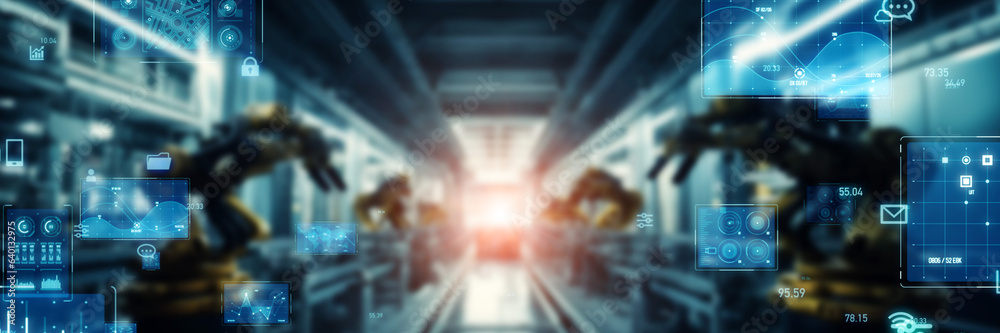 Poster Futuristic factory and digital technology concept. Robotic automation. Wide angle visual for banners or advertisements.
