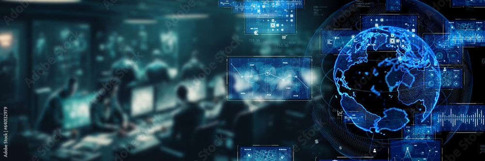 Poster futuristic office and global communication network concept. wide angle visual for banners or adverti