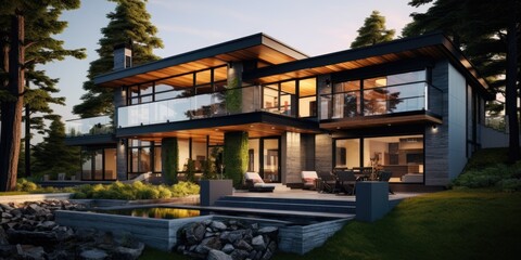 Modern cottage with glass balcony. Residential architecture exterior