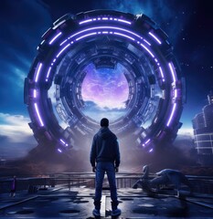A man stands in front of a large portal