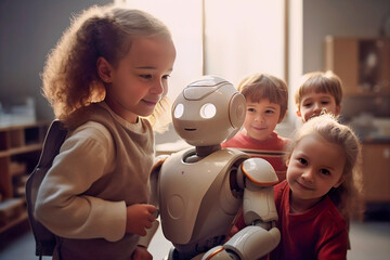 Small children with artificial intelligence android robots. 