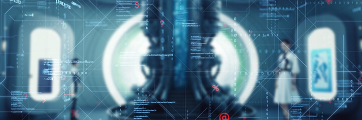 Futuristic facility and digital technology concept. Wide angle visual for banners or advertisements. © metamorworks