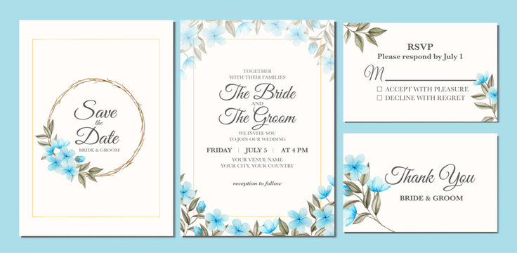 Manual painted of baby blue flower watercolor as wedding invitation 
