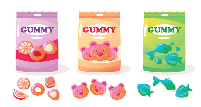 Jelly gum pack. Cartoon colorful sweet gummy bears, various assortment of colorful sweet fruit snack for kids. Vector colorful set