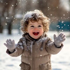 Cute little boy happily playing in the white fluffy fresh snow outdoors in winter. First snow. Happy Childhood. Game.