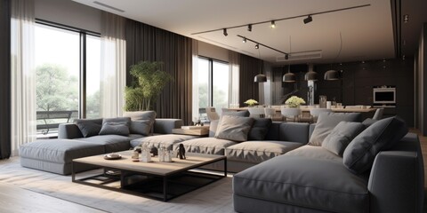  Modern interior of living room with gray sofa, home design