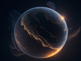 Planet Titan, ultra realistic, detailed, black and golden colors, space background. - obrazy, fototapety, plakaty