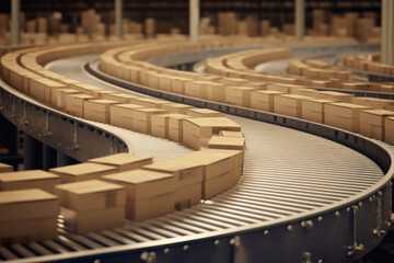 Efficient Manufacturing. Conveyor Belt in Action with Stacked Cardboard Boxes, Illustrating Smooth Industry and Automated Packaging Processes