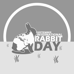 Icon of a rabbit with earth decorations on its body, with grass and bold text on gray background to commemorate International Rabbit Day on September