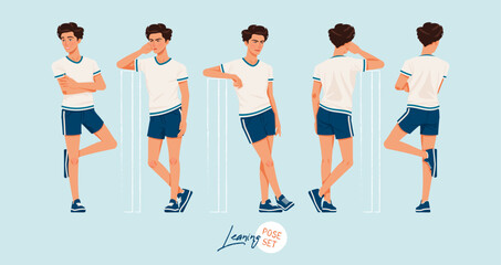 Sporty teenage active boy set standing leaning poses. Young man wearing activewear athletic boy player outfit. Health, wellness, physical education, fitness male coach. Cartoon character illustration